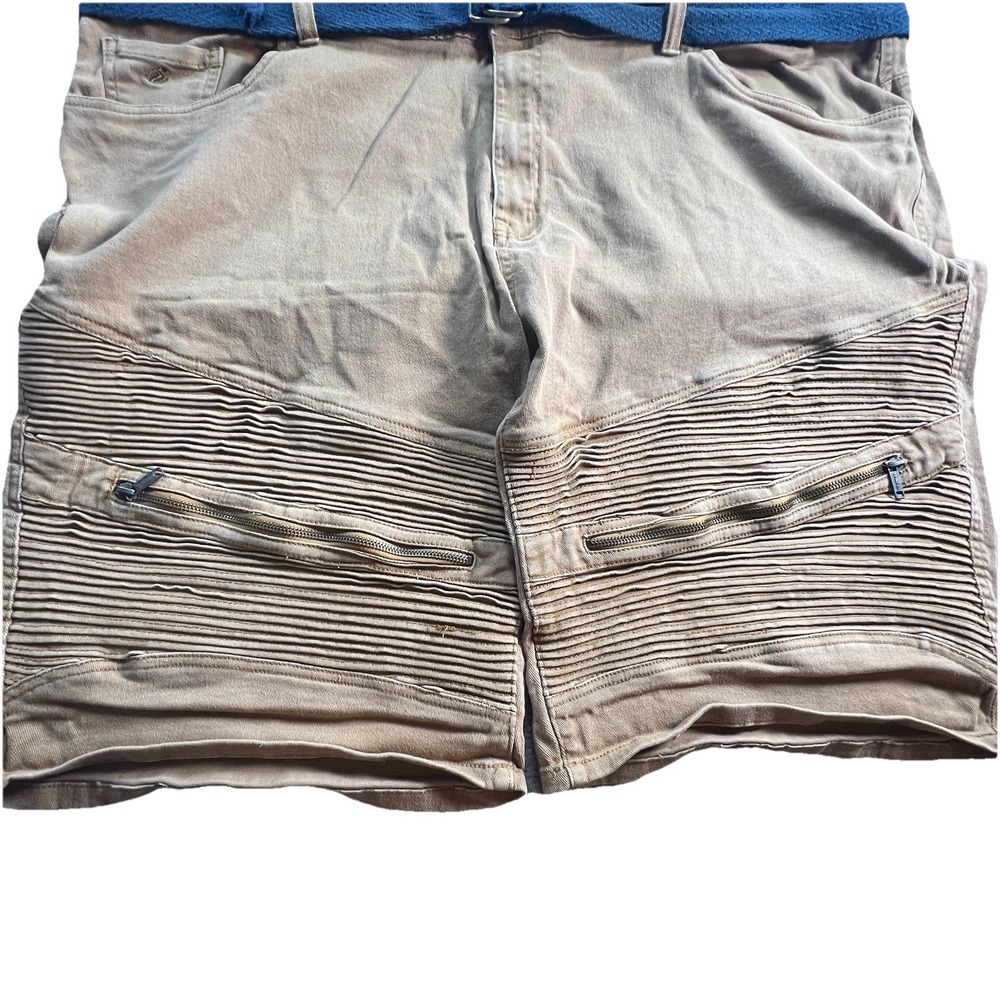 Y2K Rocawear Mens Moto Denim Shorts Tan Khaki 52 Ribbed Biker Streetwear Belted